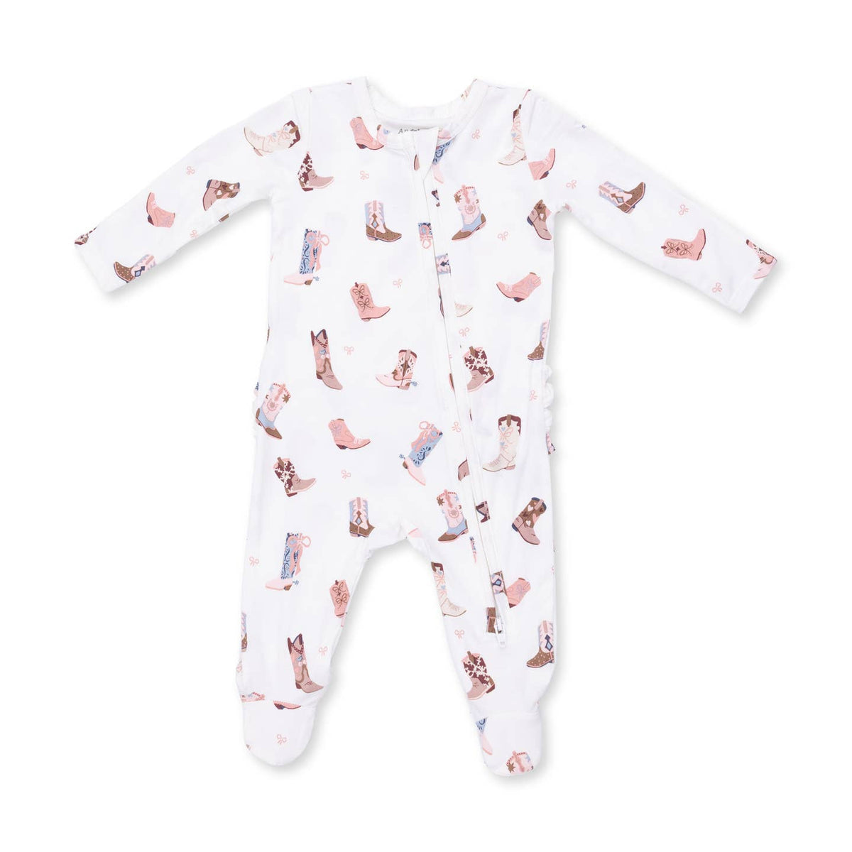 Baby onesie with cowboy boot pattern on a white background Buckarette Boots Ruffle Back Zipper Footie shop today at boltranchstre.com