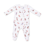 Baby onesie with cowboy boot pattern on a white background Buckarette Boots Ruffle Back Zipper Footie shop today at boltranchstre.com