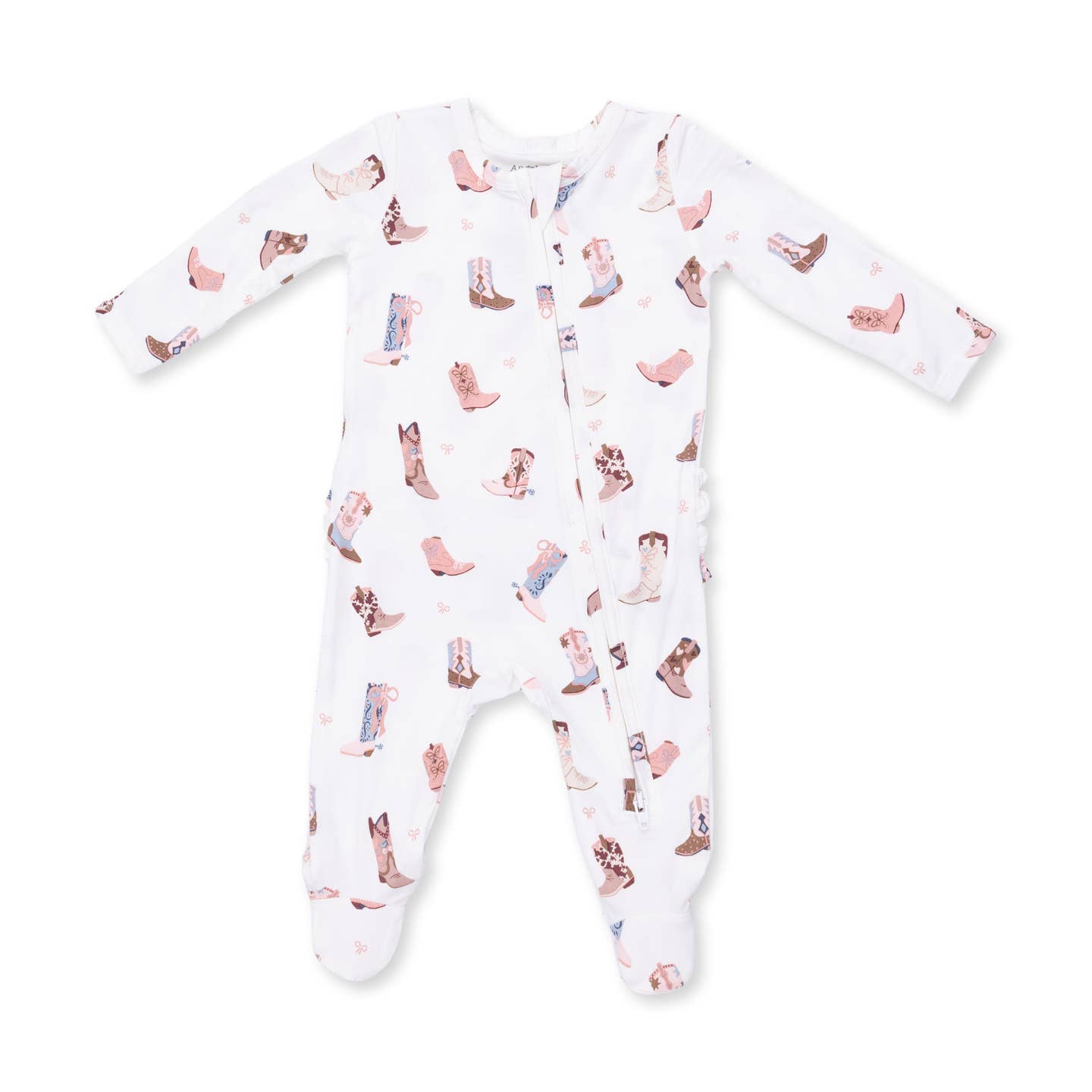 Baby onesie with cowboy boot pattern on a white background Buckarette Boots Ruffle Back Zipper Footie shop today at boltranchstre.com