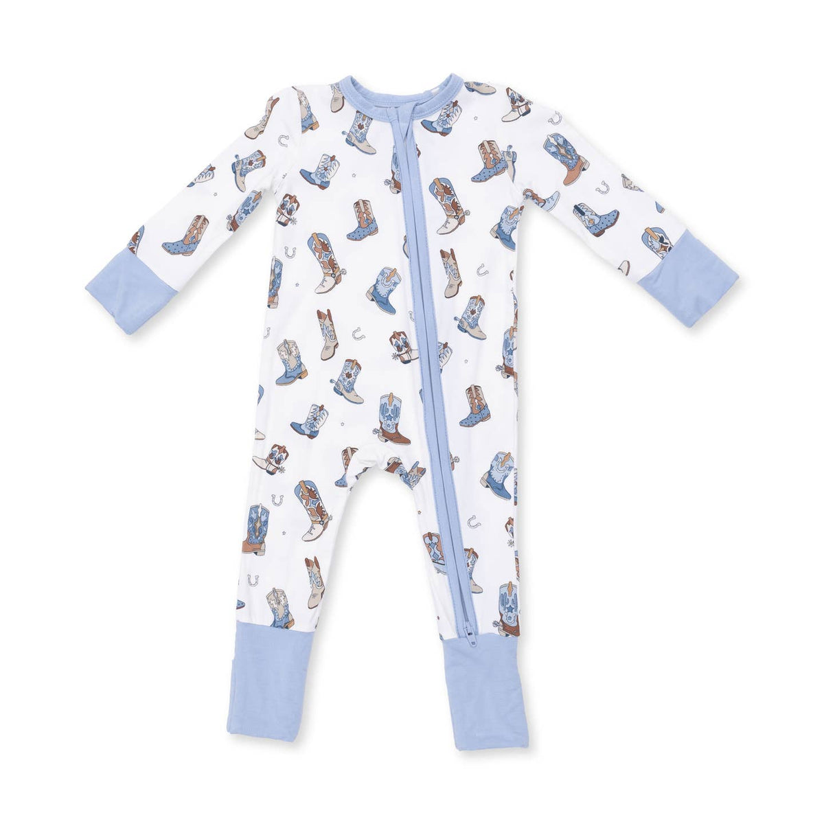 Baby onesie with cowboy boot pattern on a white background Buckaroo Boots Convertible Romper Shop today at boltranchatore.com