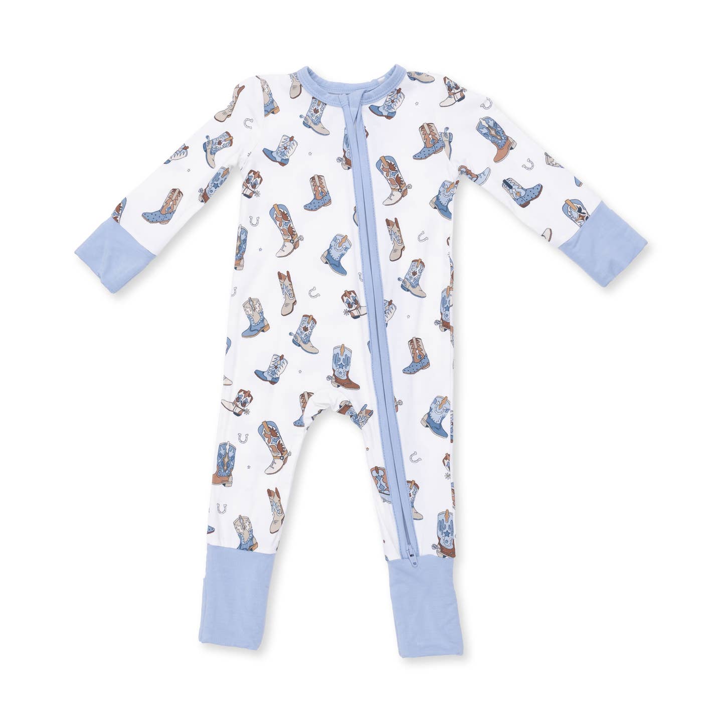 Baby onesie with cowboy boot pattern on a white background Buckaroo Boots Convertible Romper Shop today at boltranchatore.com