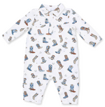 A white long-sleeve baby romper with a western boot print, featuring a snap-button placket and a pointed collar. Buckaroo Boots Long Sleeve Cowboy Romper shop today at boltranchstore.com