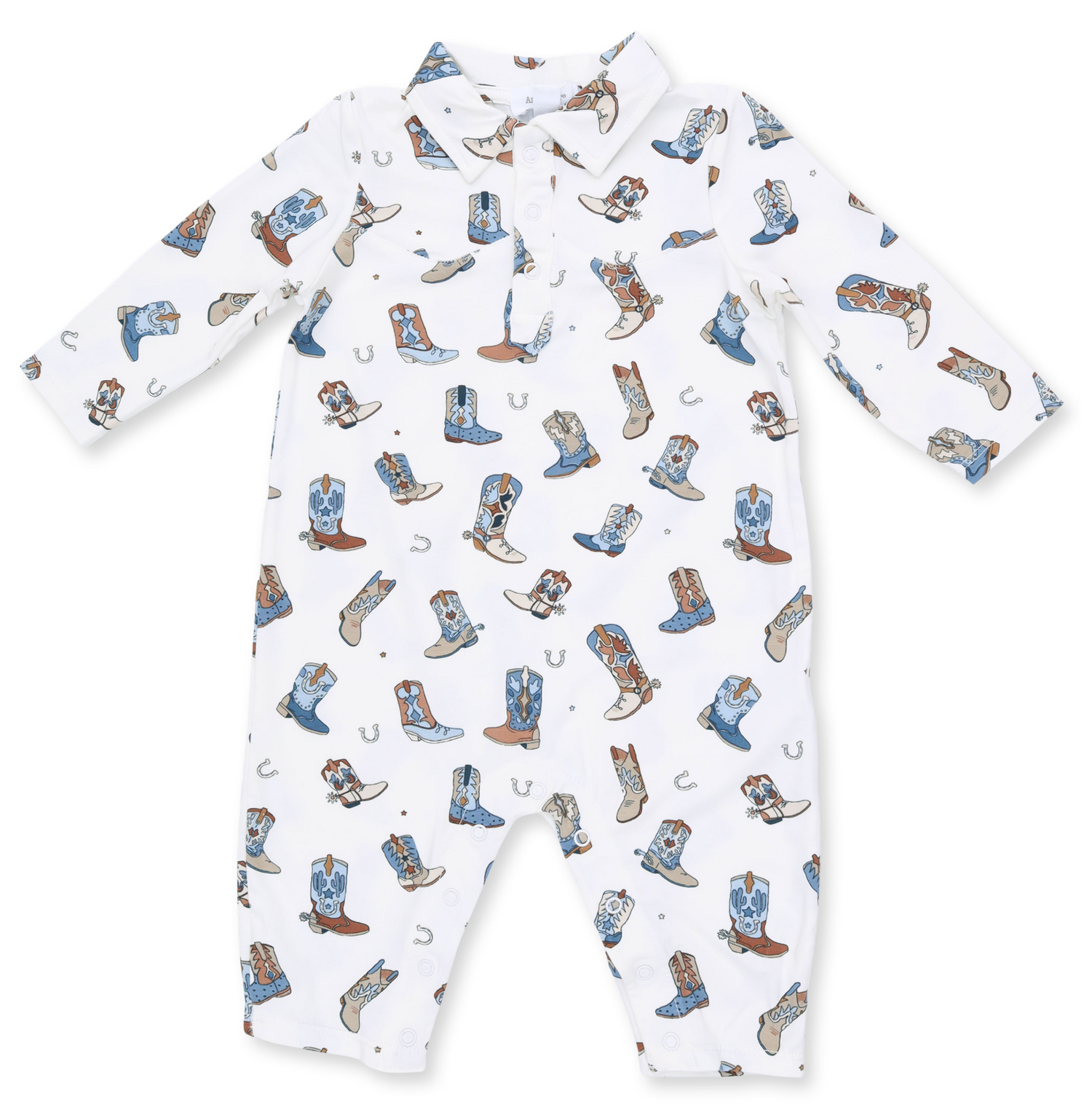 A white long-sleeve baby romper with a western boot print, featuring a snap-button placket and a pointed collar. Buckaroo Boots Long Sleeve Cowboy Romper shop today at boltranchstore.com