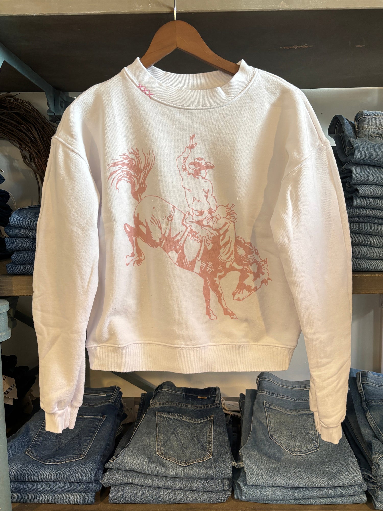 Bucking Cowboy Long Sleeve Crewneck womens sweatshirt loungewear western fashion Boltranchstore.com