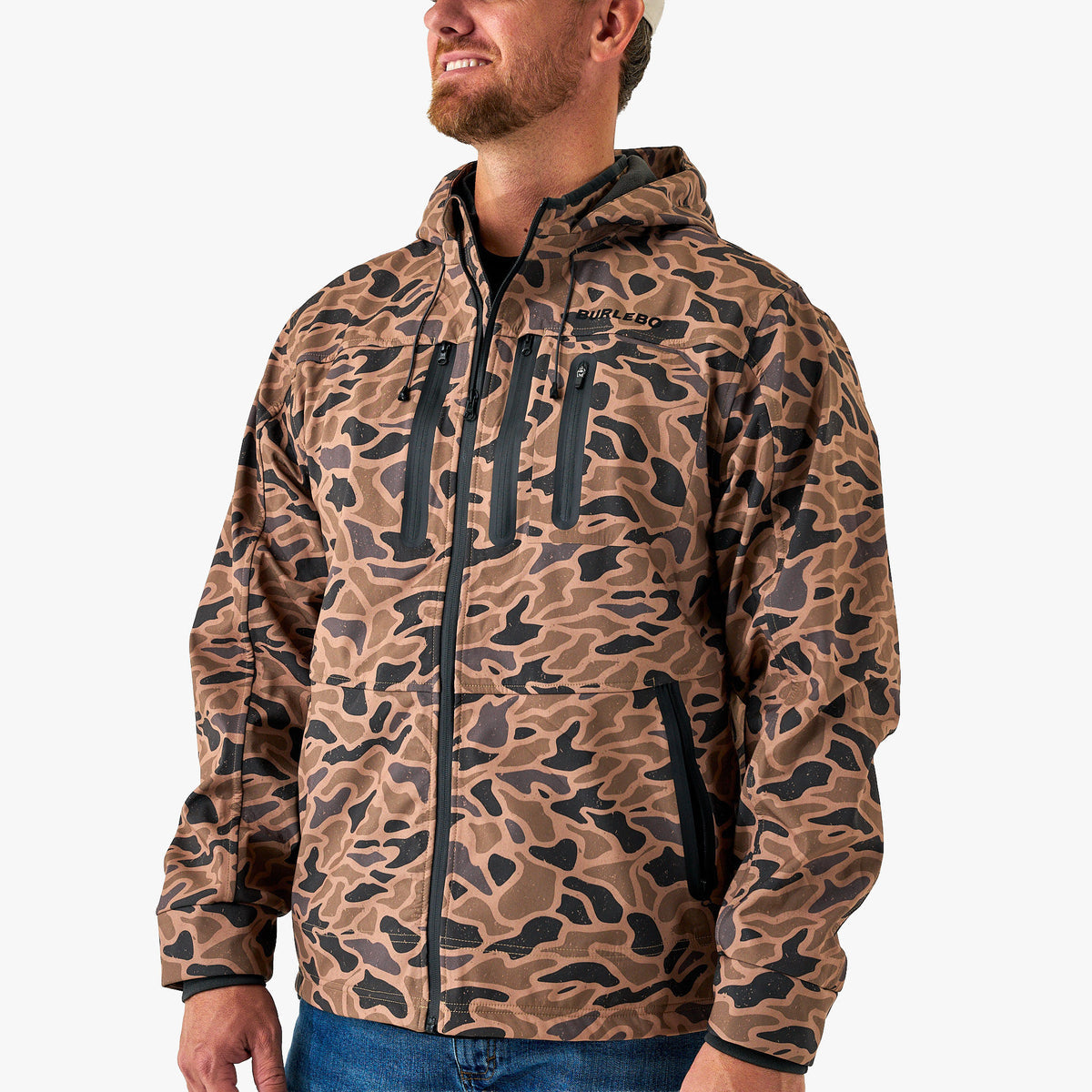Burlebo Mens Challenger Jacket a zip up camo waterproof jacket with hood for duck hunting deer hunting available at boltranchstore.com