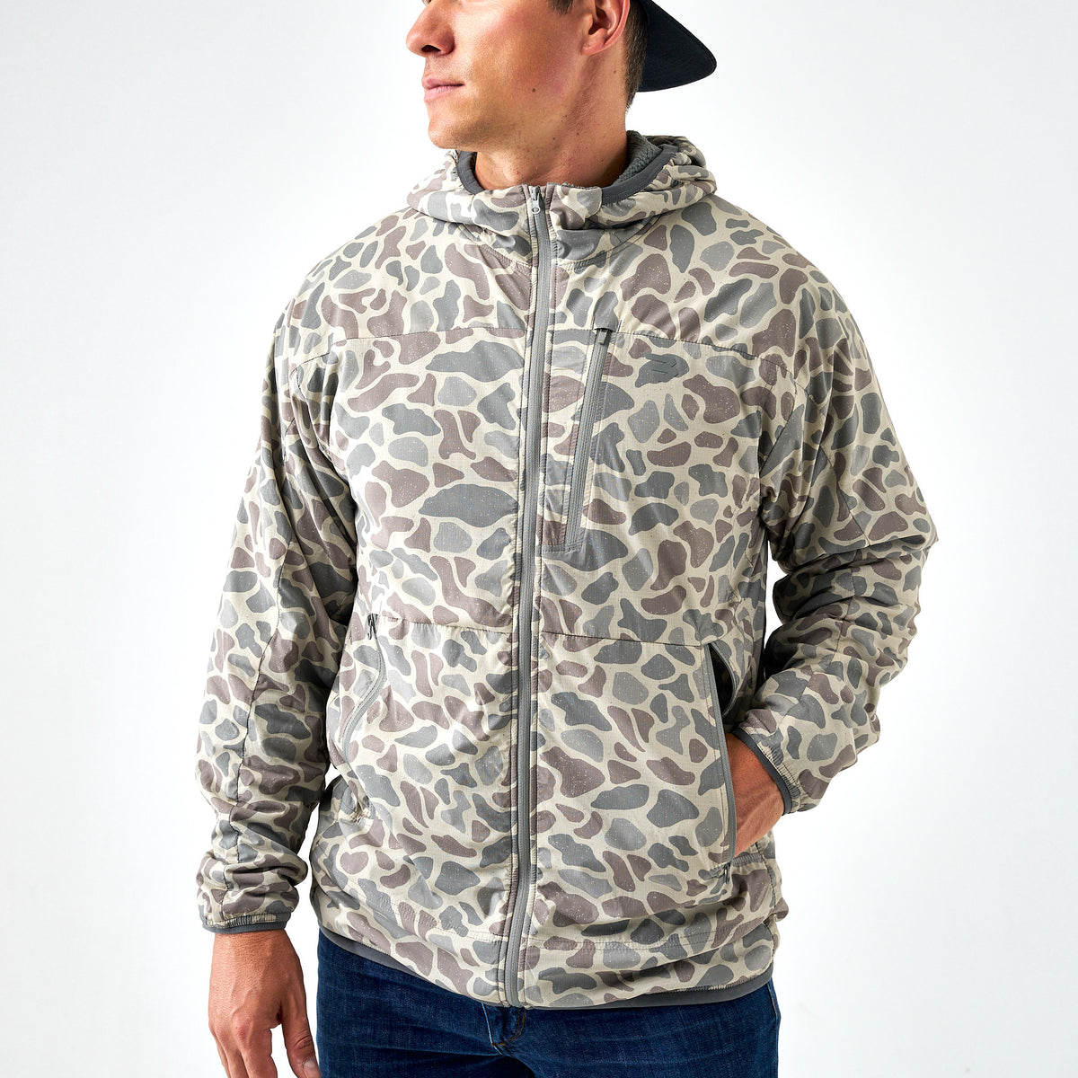 Burlebo Mens Powder Ridge Jacket a full zip up coat with size pockets and a hod for duck hunting and deer hunting in classic deer camo available at boltranchstore.com