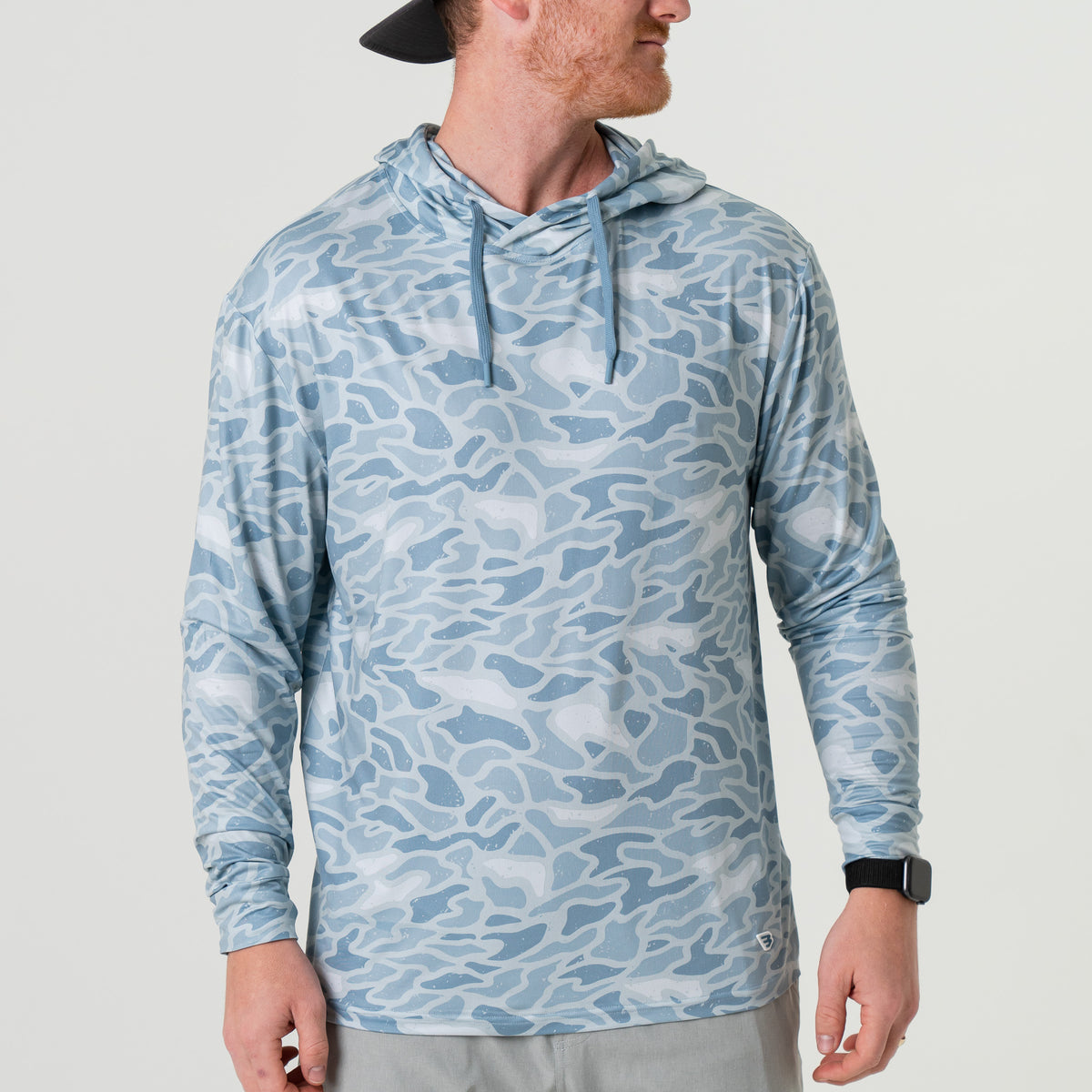 Burlebo Performance Hoodie in Seaside Camo Blue mens hoodie polyester spandex stretchy lightweight summer hoodie at Boltranchstore.com