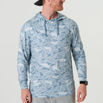 Burlebo Performance Hoodie in Seaside Camo Blue mens hoodie polyester spandex stretchy lightweight summer hoodie at Boltranchstore.com
