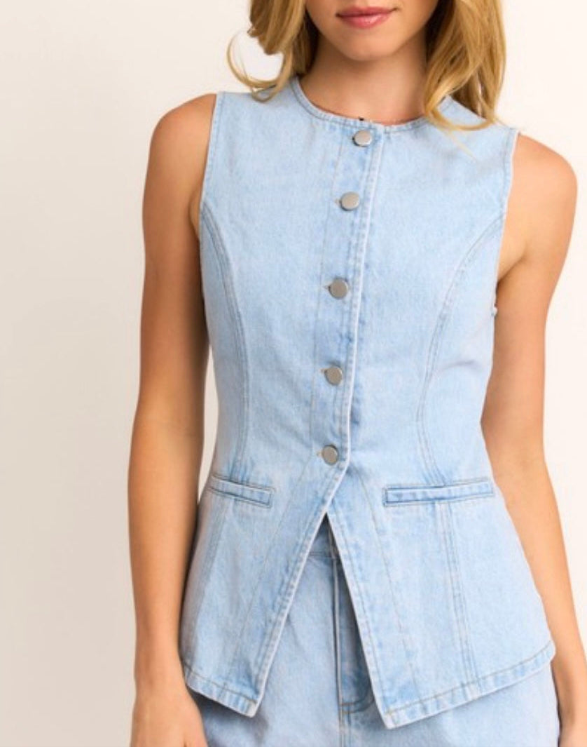Button Front Sleeveless Denim Top western boutiques