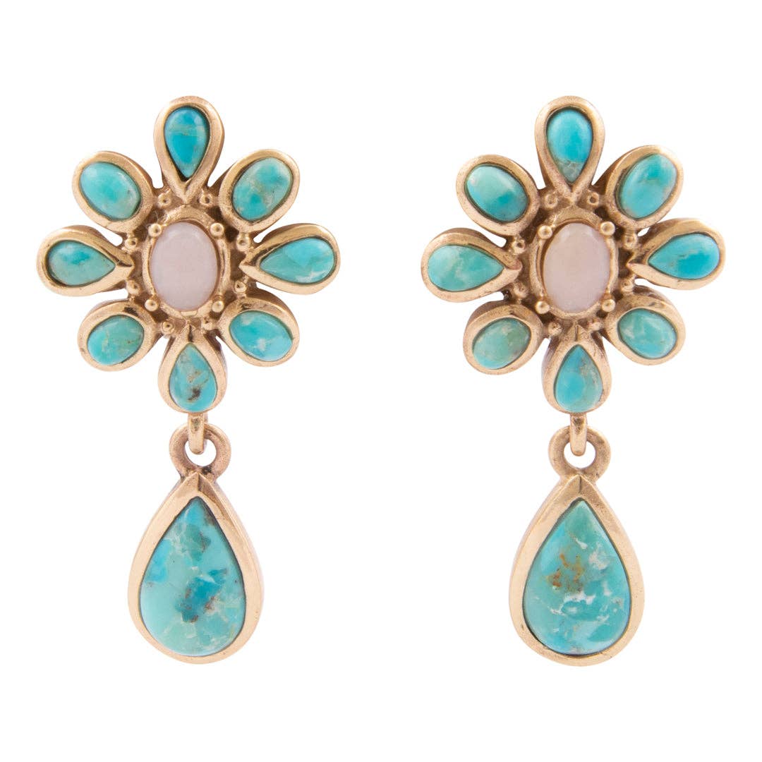 A pair of gold-tone drop earrings featuring a flower-shaped top with turquoise-blue stones and a central pale pink stone, with a teardrop-shaped turquoise-blue stone hanging below. Cactus Rose Pink Opal Blue Turquoise Golden Clip Earring at boltranchstore.com free shipping 