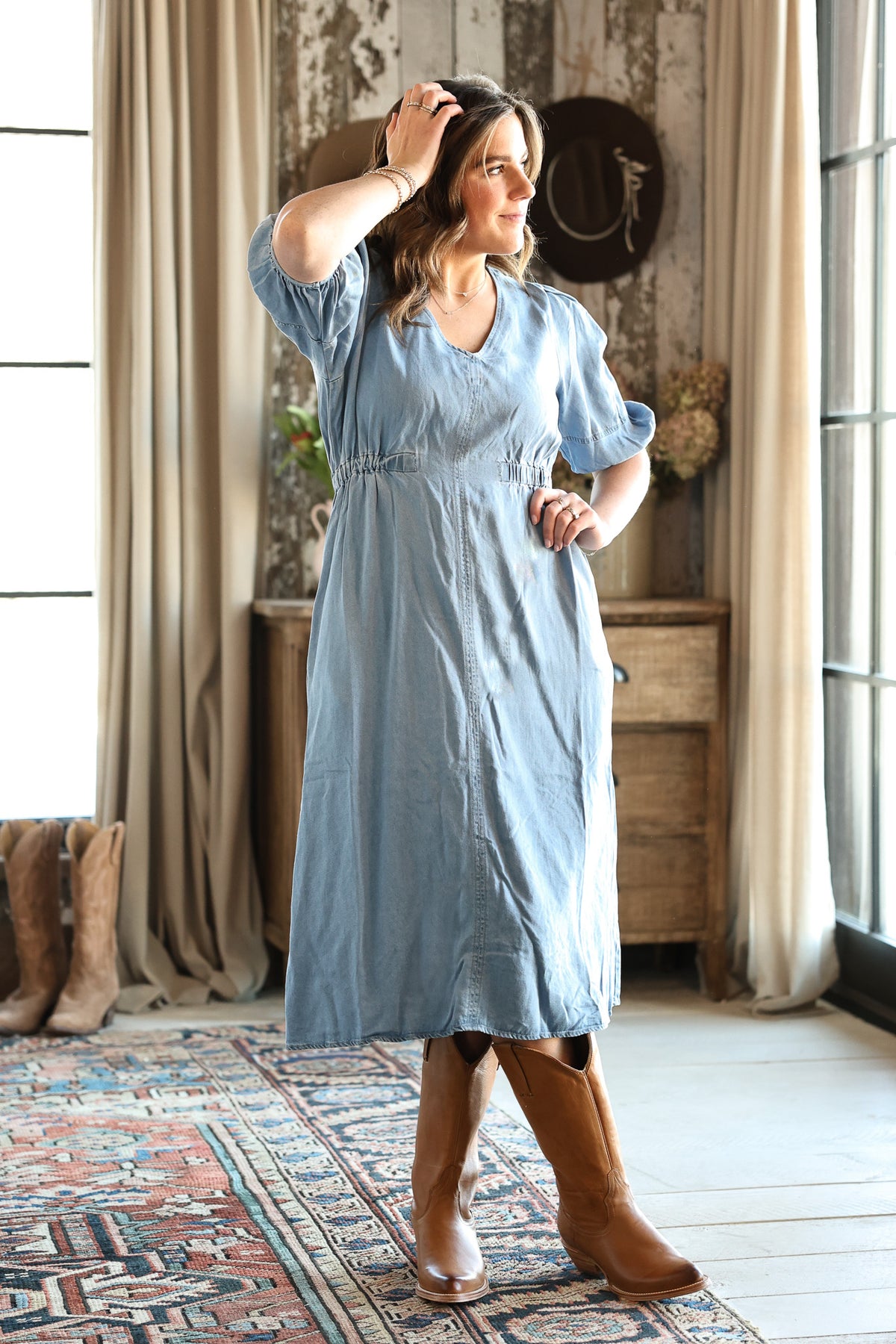 Calista chambray dress womens denim summer midi dress buy now at bolt ranch store free shipping
