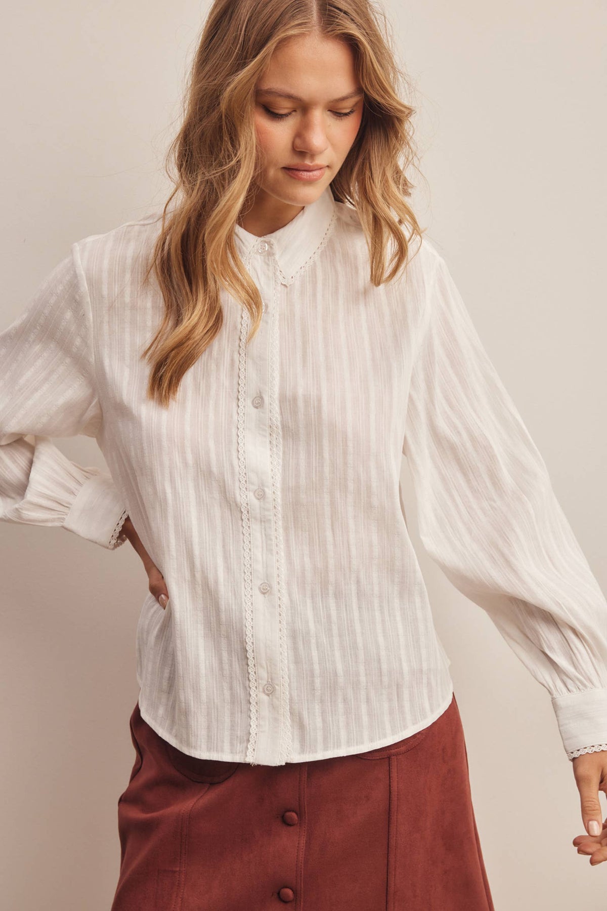 Callie Lace Embroidered Button Down Blouse Western clothing womens western boutique Utah Lace Trim Embroidered Button Down Blouse Off White SKU FT0060WHT Bolt ranch store