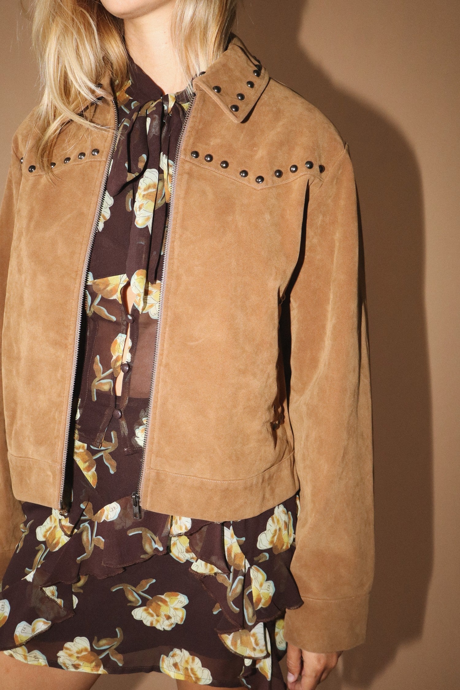 Camel Suede Studded Jacket Bailey Rose Vegan Leather womens outerwear NFR jacket coat Boltranchstore.com