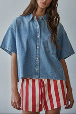 Capri Denim Shirt womens chambray short sleeve button down top Boltranchstore.com Free Shipping Womens western fashion
