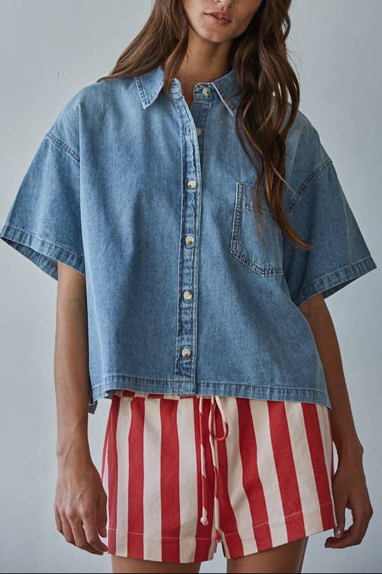 Capri Denim Shirt womens chambray short sleeve button down top Boltranchstore.com Free Shipping Womens western fashion