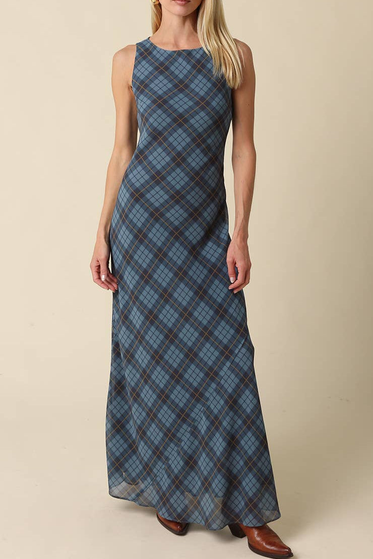 Carole Plaid Mesh Maxi Dress a contemporary sleek teal plaid dress fully lined in a sleeveless dress at boltranchstore.com