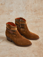 Penelope Chilvers Cassidy Killim Boot peat brown suede ankle boot with kilim textile womens western boutique Utah SKU WCASSTEXAW26