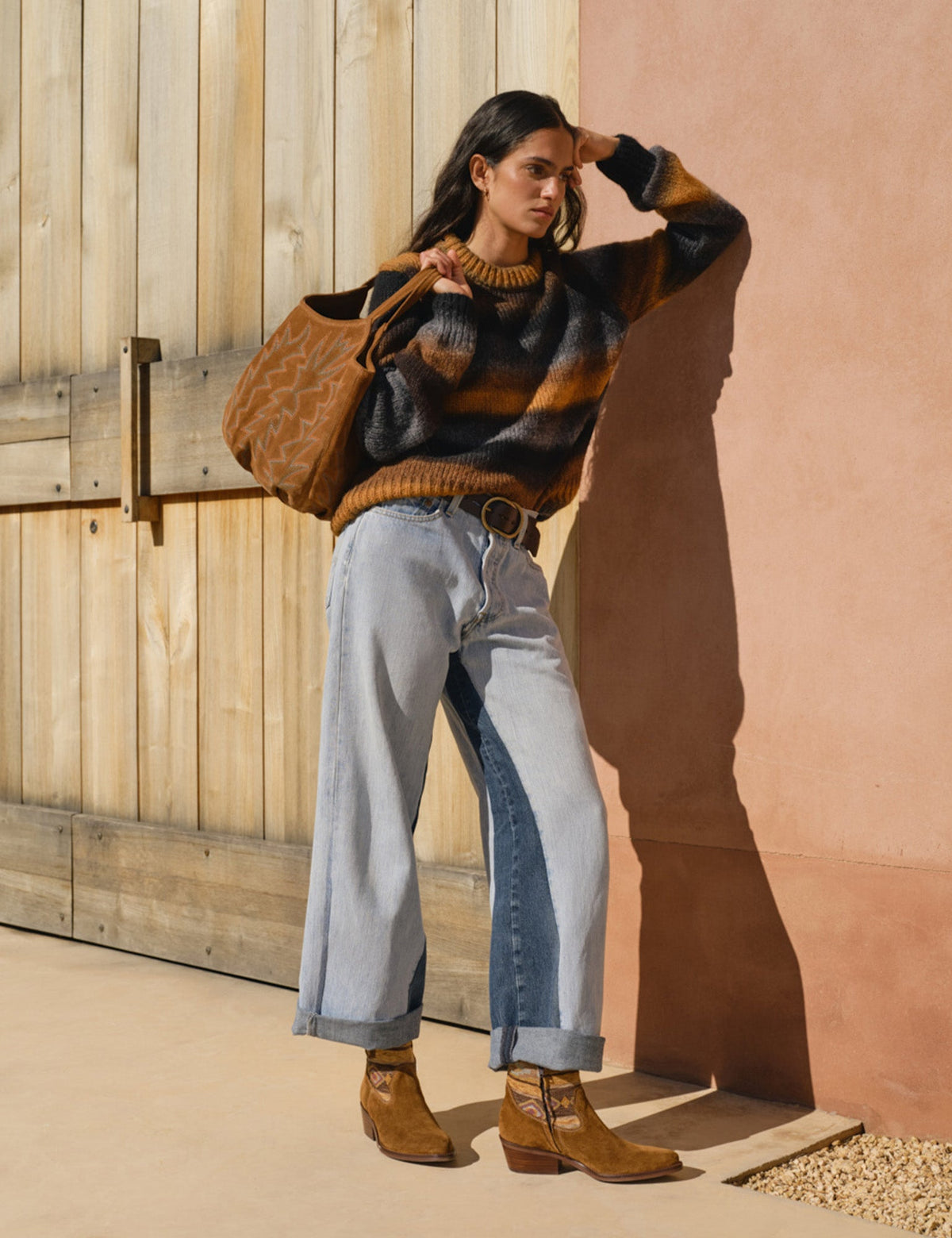 Penelope Chilvers Cassidy Killim Boot styled with a knit jumper and Paloma bag