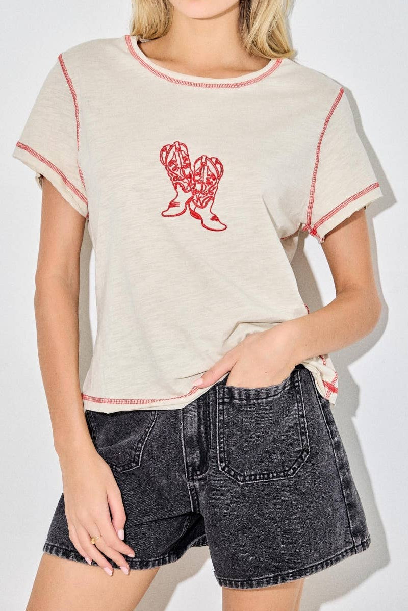 Cassidy Cowboy Boot Embroidered Tee with embroidered cowboys stitch detail throughout the hems at boltranchstore.com