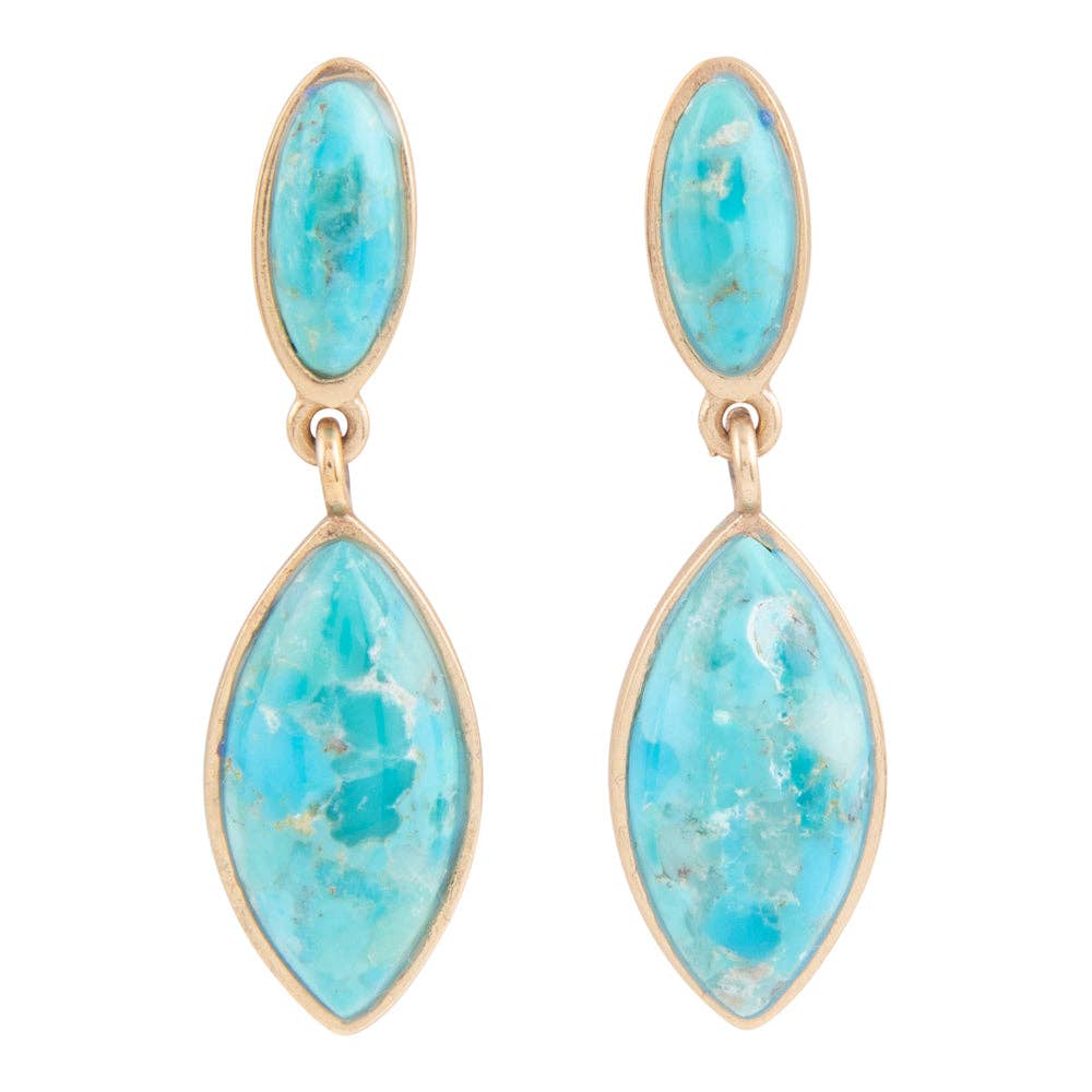 A pair of gold drop earrings featuring oval and marquise-cut turquoise blue gemstonesChampion Blue Turquoise Golden Drop Earrings AT boltranchstore.com free shipping
