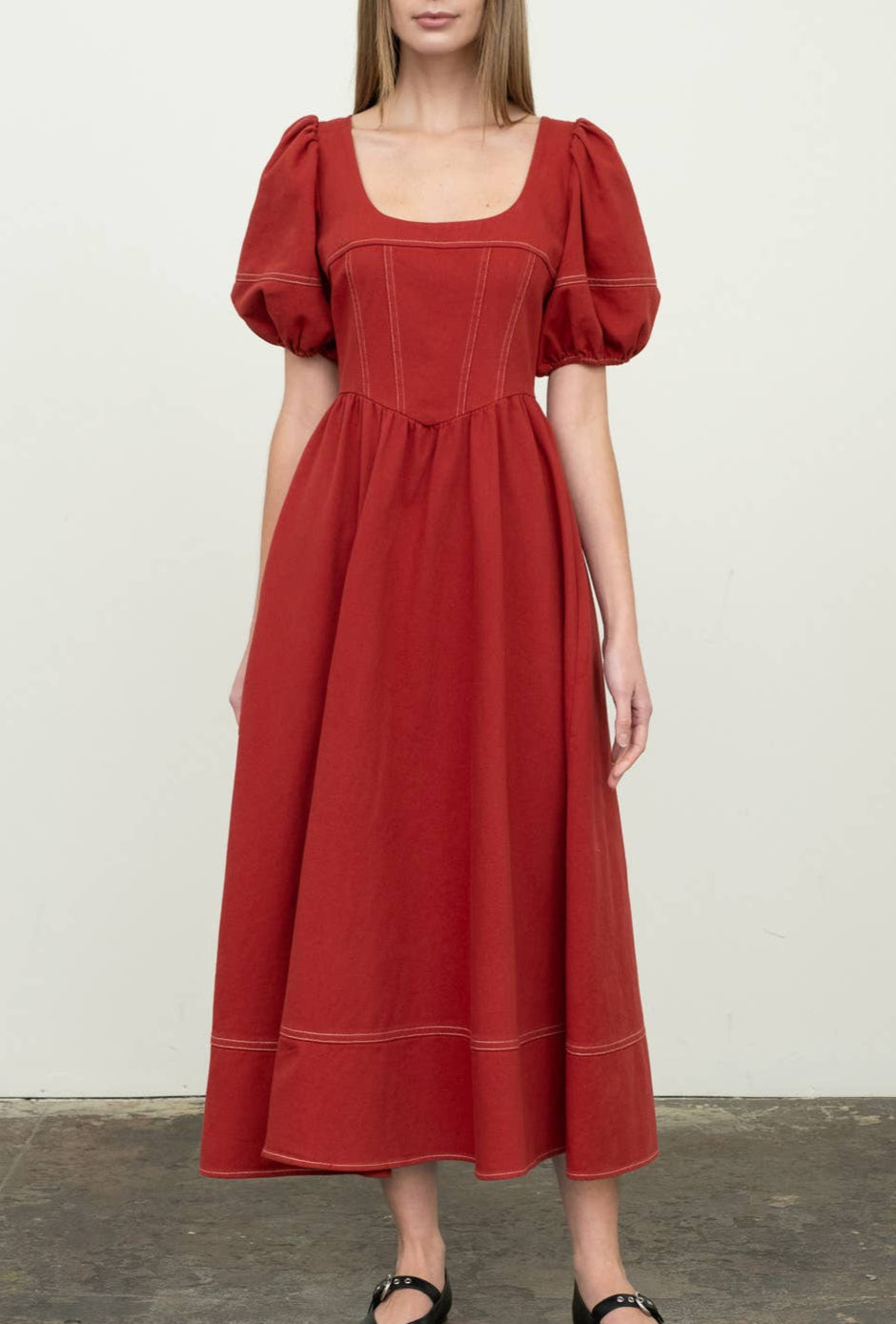 Chandra Puff Sleeve Corset Midi Dress order at boltranchstore.com