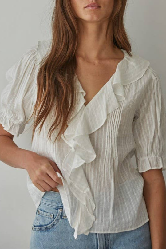 Charlotte Button Down V-Neck Short Sleeve Top in offwhite and navy order at boltranchsotre.com
