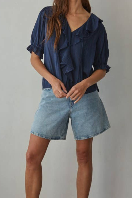 Charlotte Button Down V-Neck Short Sleeve Top in navy and offwhite at boltranchstore.com