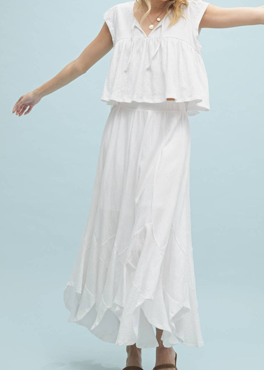 Charlotte Cotton Relaxed Crop Top Skirt Set with a vneck tie, crop top, ruffle skirt
