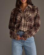 Charlotte Plaid Button Up Shirt brown and beige plaid button-up flannel shirt two front pockets in a long sleeve 