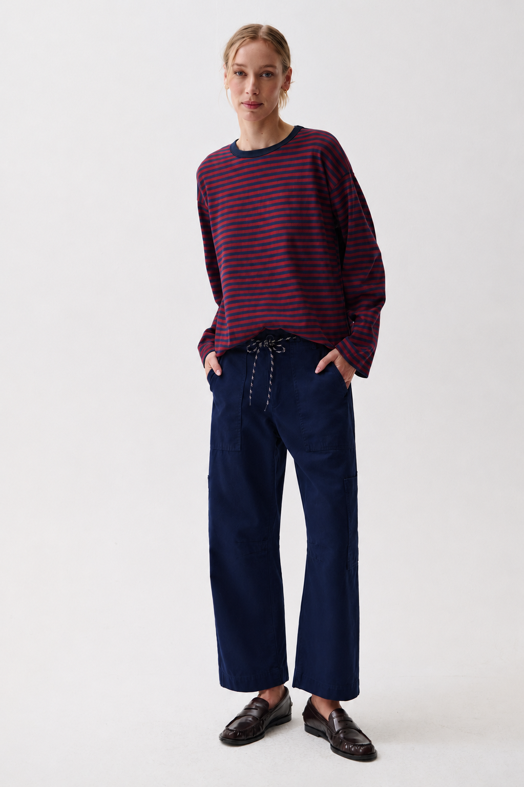 Pistola Sabrina Curved Utility Pants Nautical off duty navy pant styled with a striped knit and loafers ranch wear