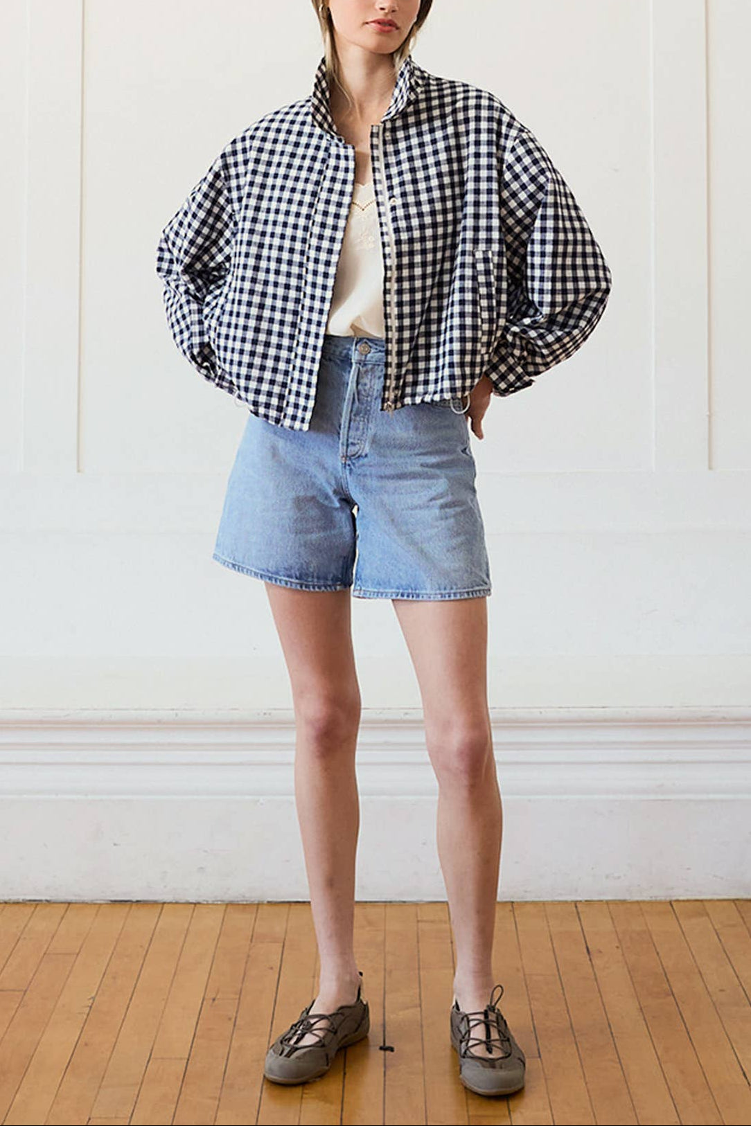 Chloe Gingham Zip Jacket WOMENS cropped jacket navy blue gingham Boltranchstore.com Free Shipping Raisonnel EC12257 RJ1136