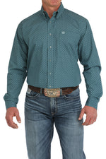 Cinch Mens LS Green Print Button Down Shirt 