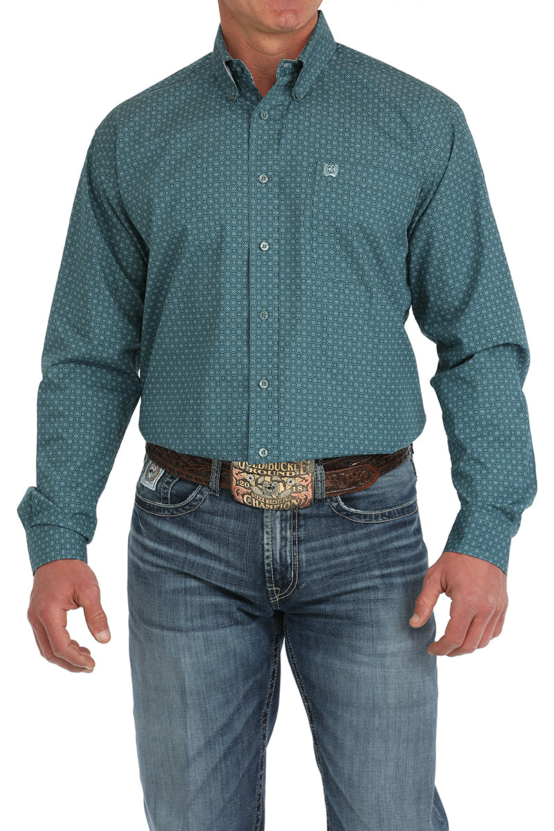 Cinch Mens LS Green Print Button Down Shirt 