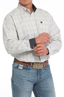 Cinch Mens LS Plaid Button-Down Shirt - White