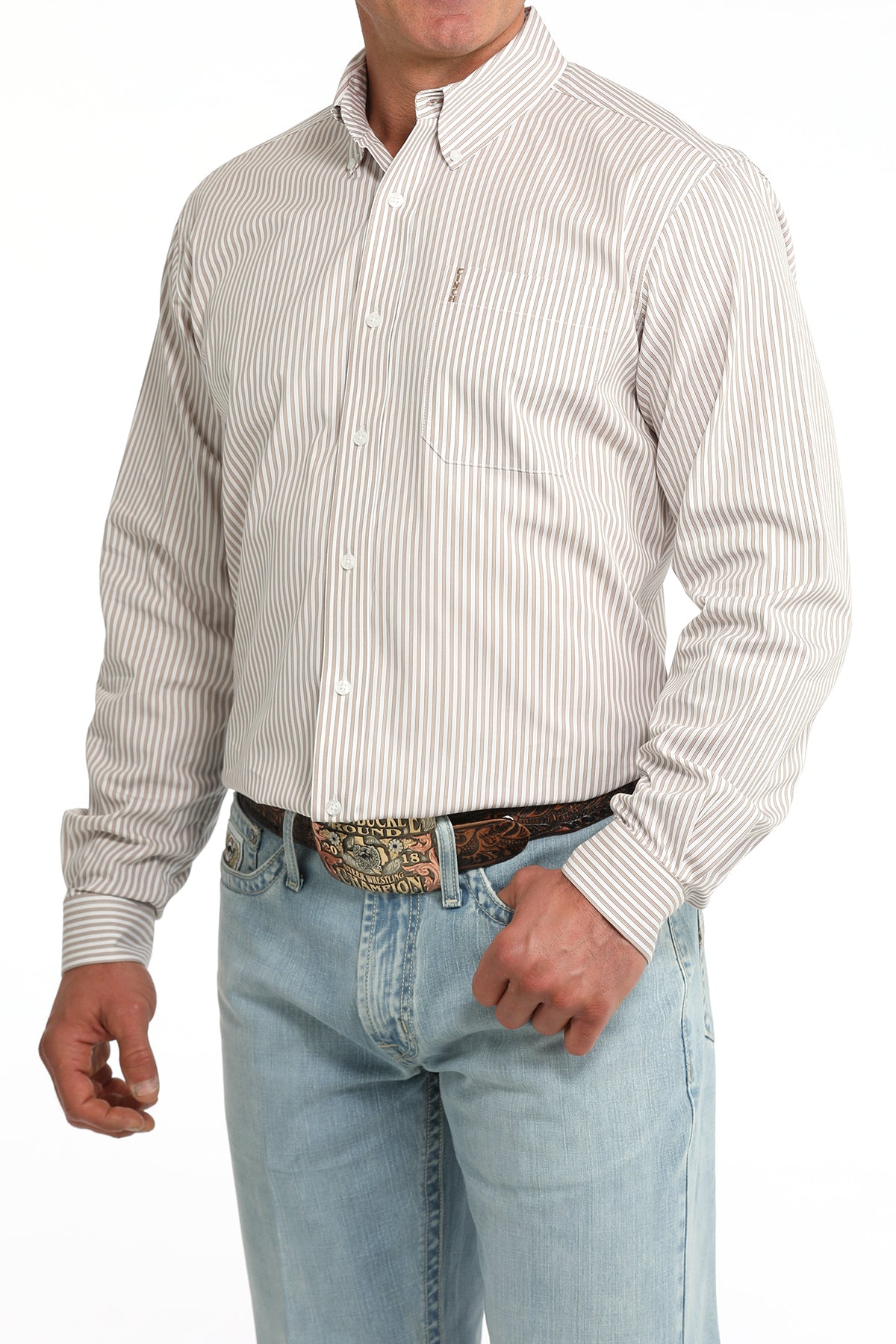 Cinch Mens Modern Fit Stripe Shirt western wear shop at boltranchstore.com free shipping mens western shirt stripe tan and white mens button up 