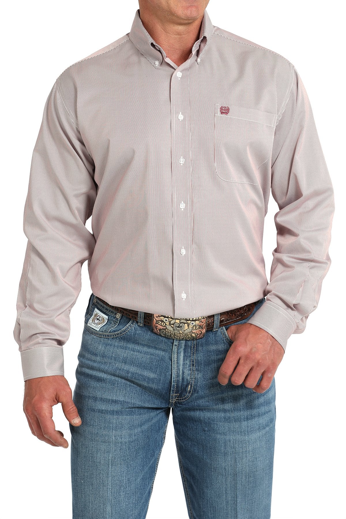 Cinch Mens Tencel Striped Shirt in PInk order at boltranchstore.com