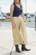 Claira Dress Navy sleeveless dress with a tan skirt attached cute with boots bolt ranch store