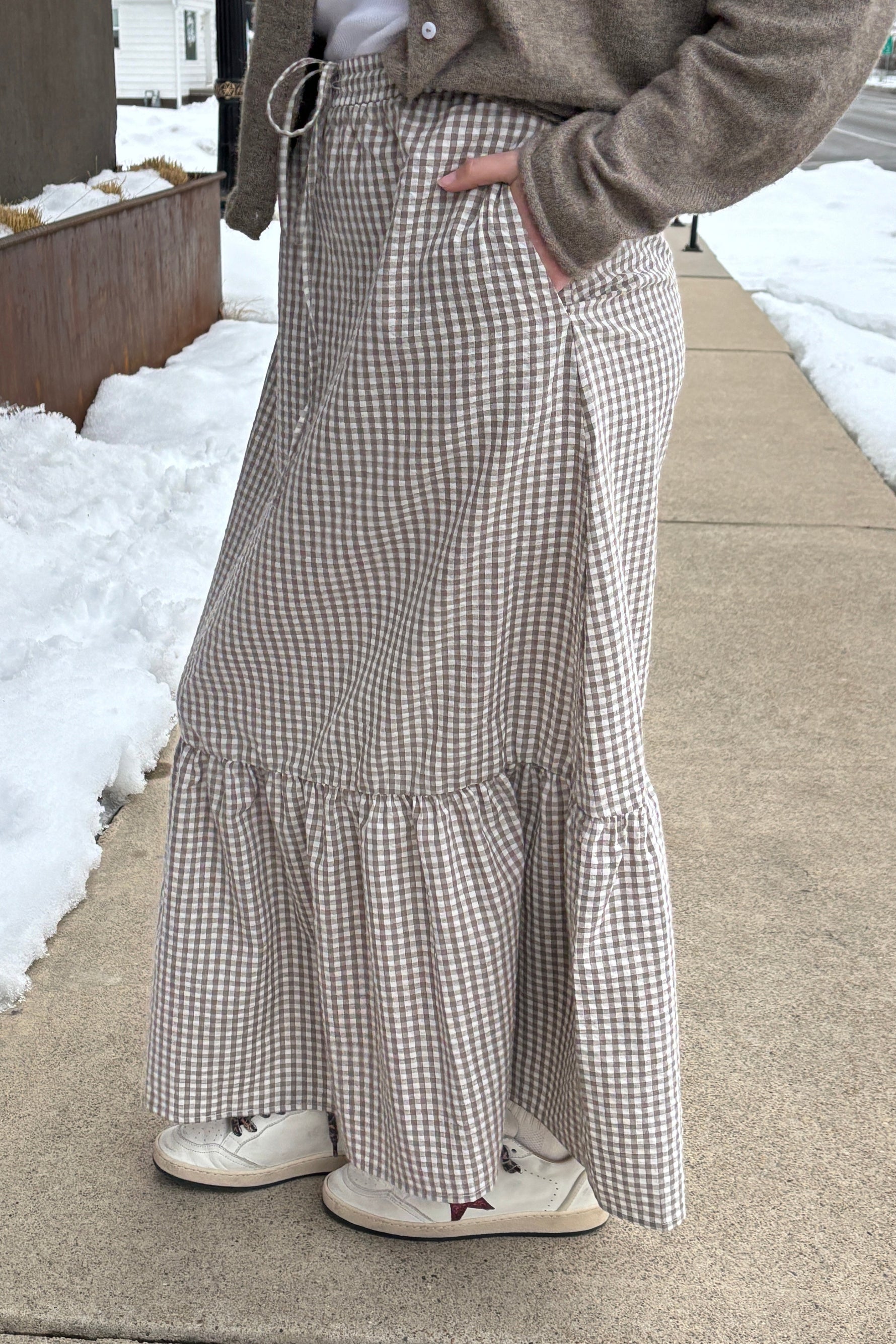 Claire Gingham Skirt skide view with pockets summer spring taupe gingham tan check plaid free shipping at Bolt Ranch Store