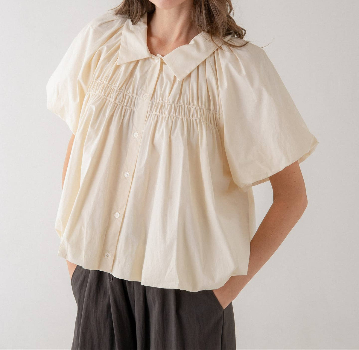 womens Clara Puff Sleeve Blouse with Gathered Bodice buy at boltranchstore.com western boutique food nanny ballerina farms outfit free shipping cream off-white