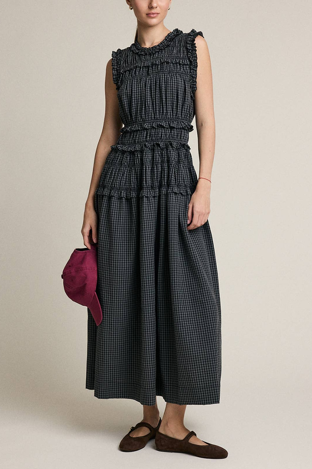 Collins Ruffle Plaid Dress Doen dupe womens western style fashion Boltranchstore.com Free Shipping womens black grey plaid sleeveless summer dress