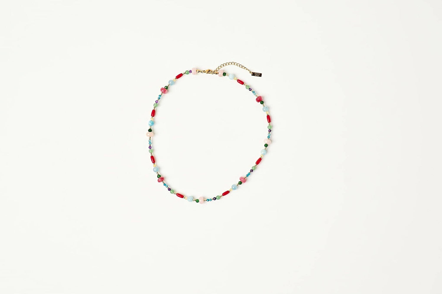 A delicate beaded necklace with alternating red and light blue beads shop at boltranchstore.com
