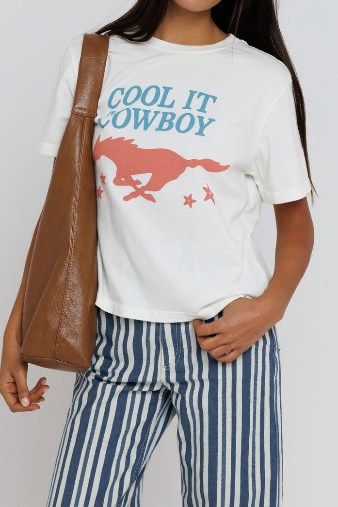 Cool It Cowboy Everyday Tee an off white tee with print of cool it cowboy and running horse at boltranchstore.com