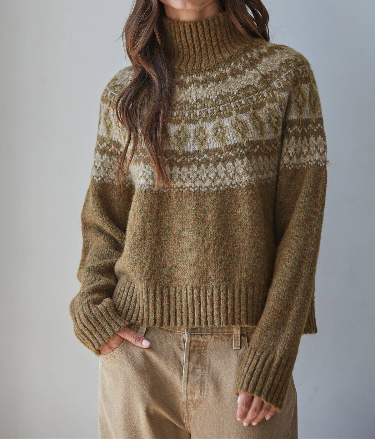 Cora Fair Isle Mock Neck Pullover fall sweaters bolt ranch store fall western apparel brown green turtleneck sweater for fall and winter