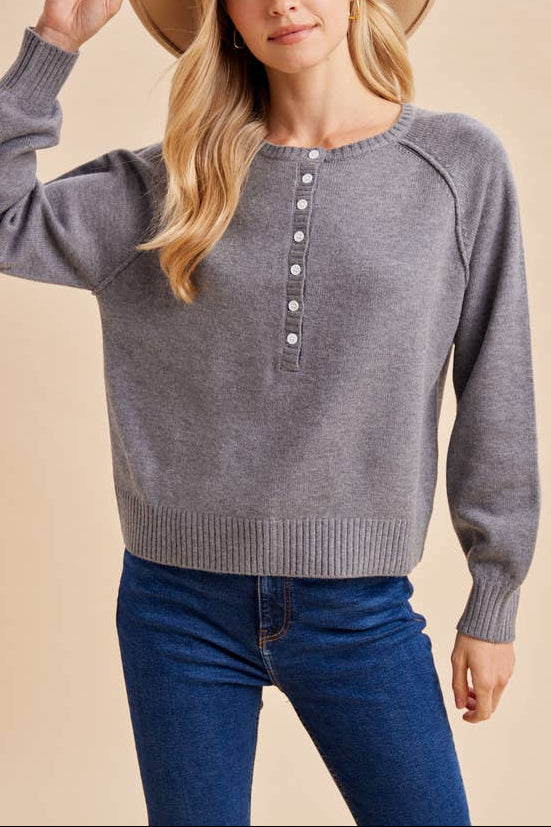 Cora Henley Knit Sweater womens long sleeve gray sweater comfortable In Loom