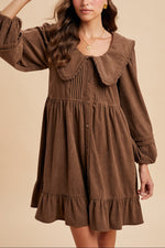 Corduroy Wide Collar Babydoll Mini Dress buy at boltranchstore.com western boutique free shipping womens fall brown dress midi