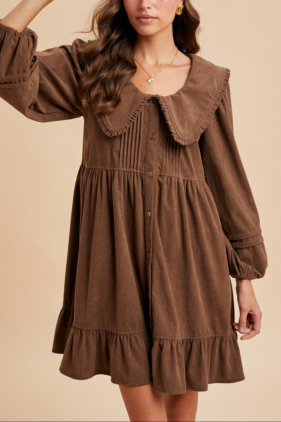 Corduroy Wide Collar Babydoll Mini Dress buy at boltranchstore.com western boutique free shipping womens fall brown dress midi