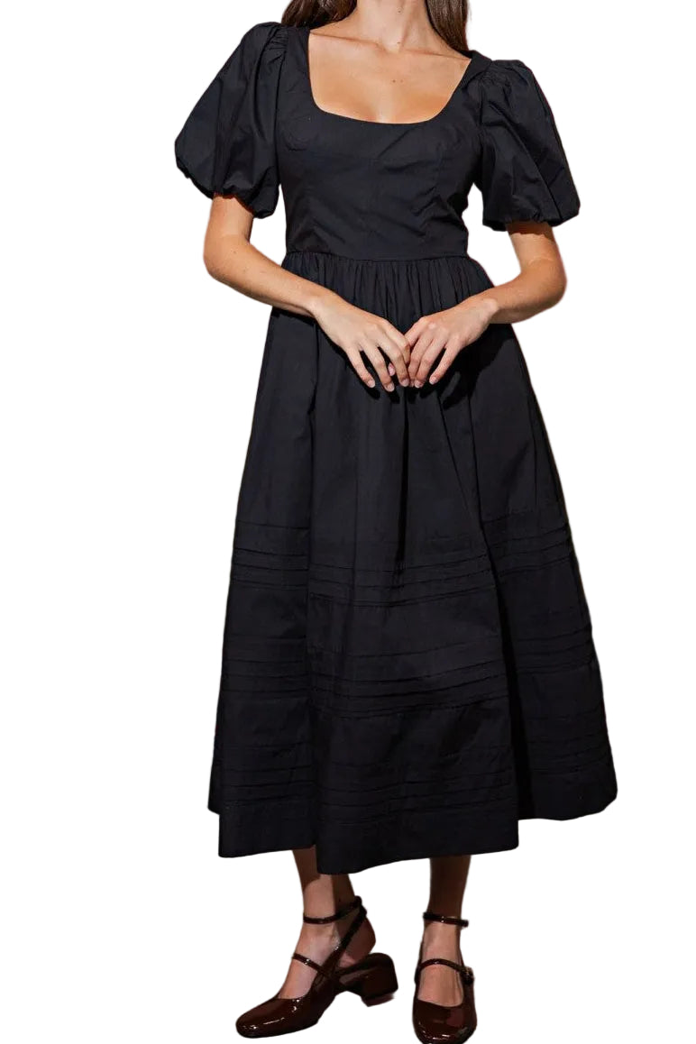Cotton Poplin Puff Sleeve Midi Dress black short sleeve womens dress doen dupe anthropology look alike womens summer dress party flattering pretty Boltranchstore.com free shipping