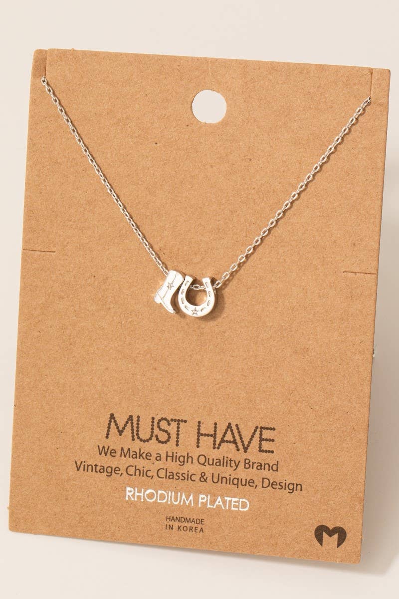Cowboy Boots w Horse Shoe Necklace Silver at boltranchstore.com