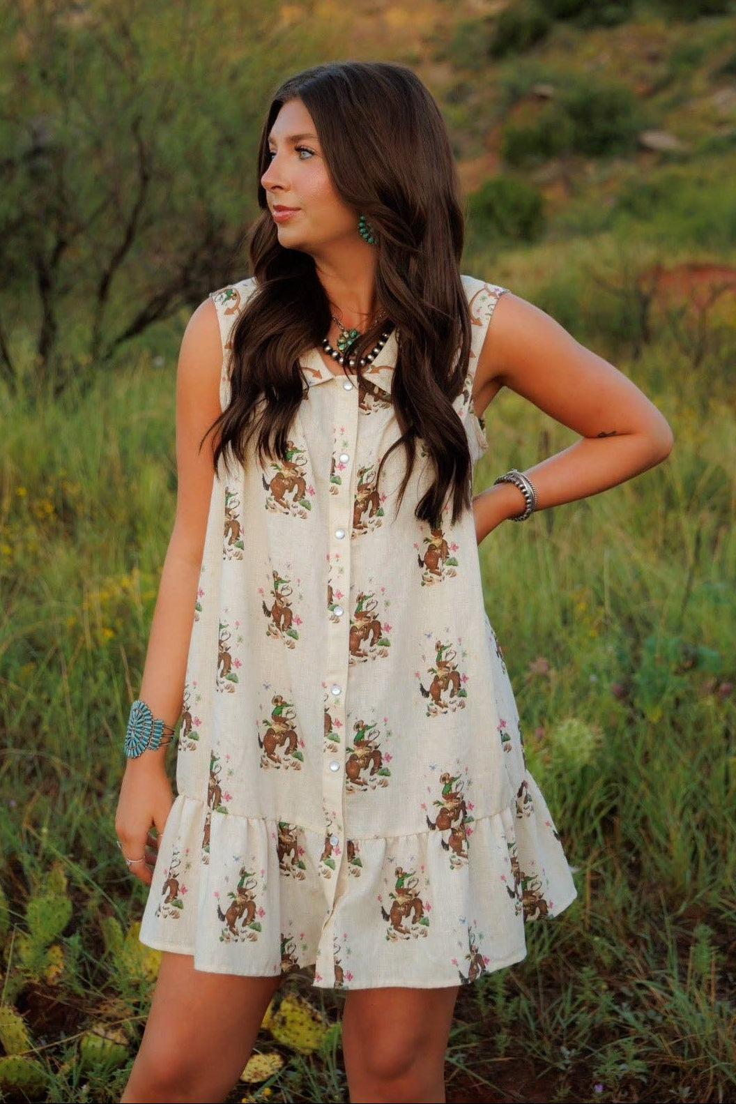 Cowboy Embroidery Dress womens cream western fashion Boltranchstore.com Free Shipping country
