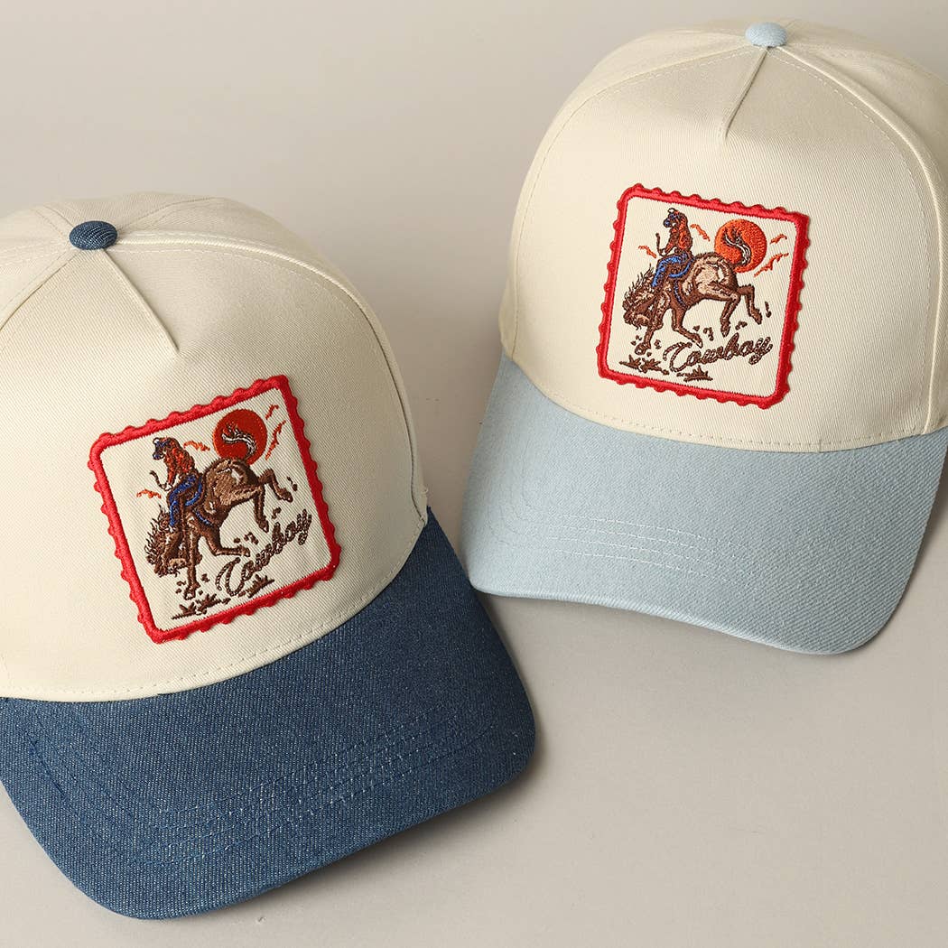 Cowboy Horse Emb Patch Denim Hat western fashion denim cream trucker hat cap Boltranchstore.com